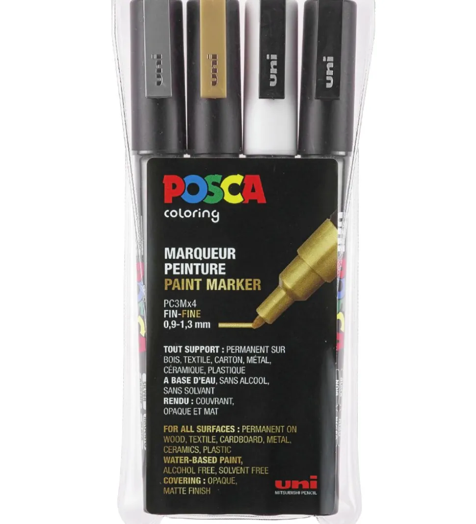 Posca Corner Markers - PC-3M - 4 stk - Guld/Sølv/Hvid/Sort