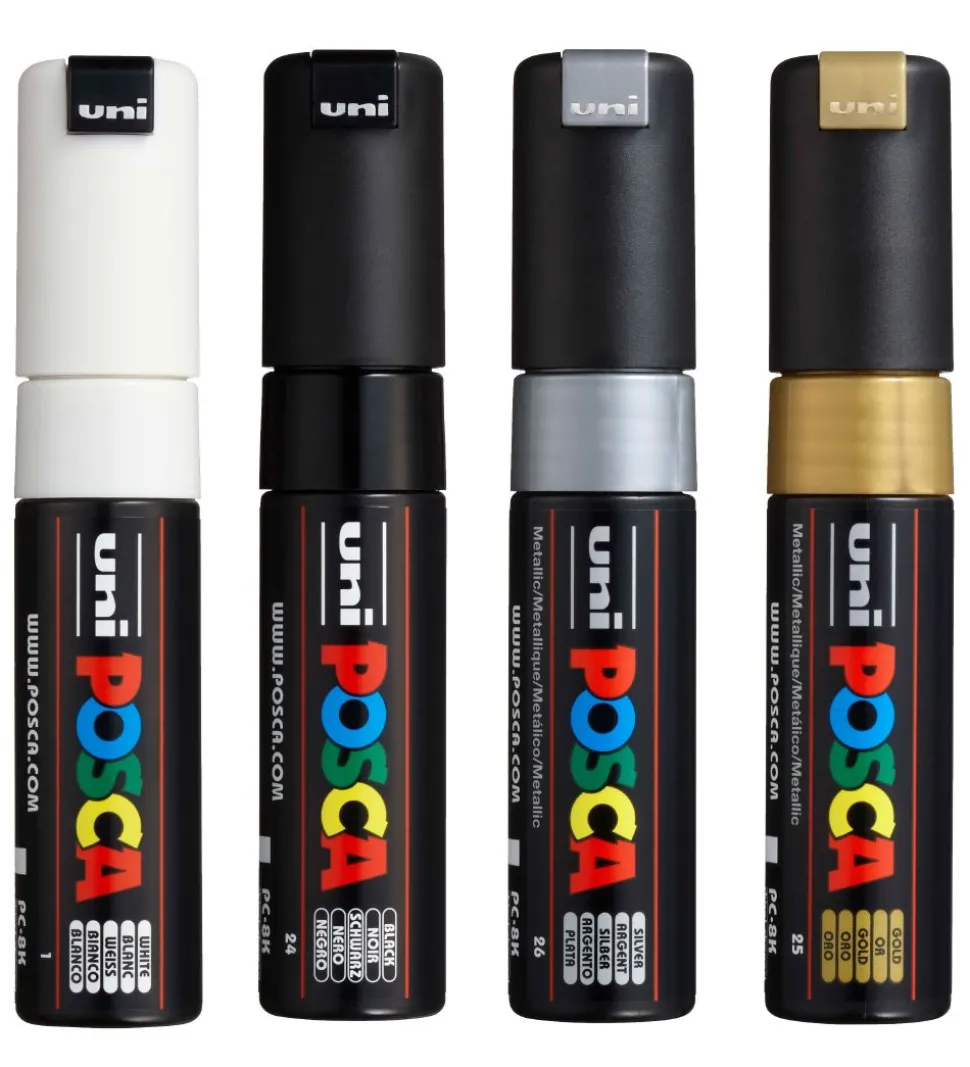 Posca Tuscher - PC-8K - 4 stk. - Sort/Hvid/Metallisk