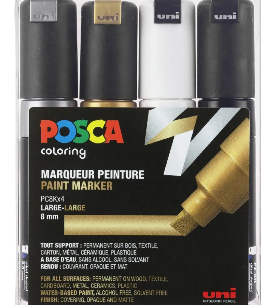 Posca Tuscher - PC-8K - 4 stk. - Sort/Hvid/Metallisk